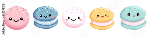 Vector Tasty Set. Cute macaroni cakes with funny faces. . Vector illustration