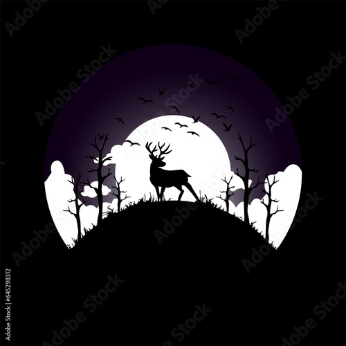 vector landscape with silhouette of a deer, dry tree, flock of birds, clouds and night moon