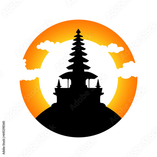 vector landscape with silhouette of a hill temple, clouds and sunset