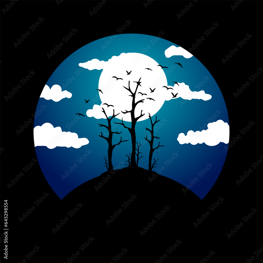 vector landscape with silhouettes of dry trees, flock of birds, clouds and moonlight at night