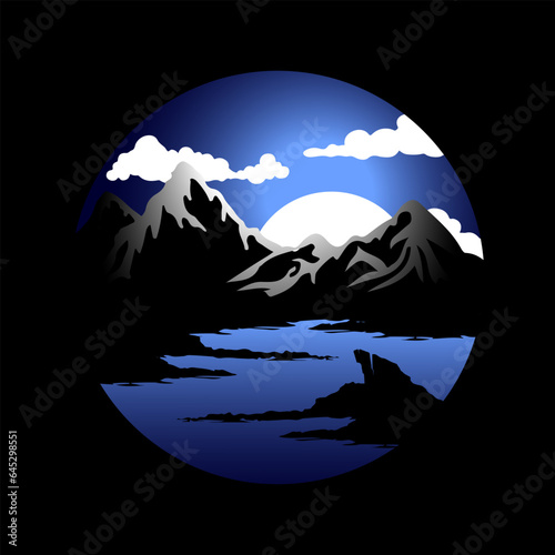 vector Landscape with silhouettes of icebergs, sea, ice floes, clouds and moonlight at night
