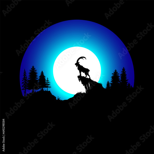 vector landscape with silhouettes of mountain goats, cliffs, fir trees and the moon at night
