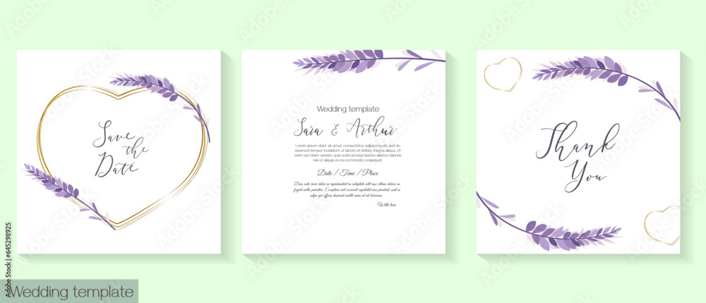 Vector floral template for wedding invitation. Delicate lavender, golden frames. Vector illustration