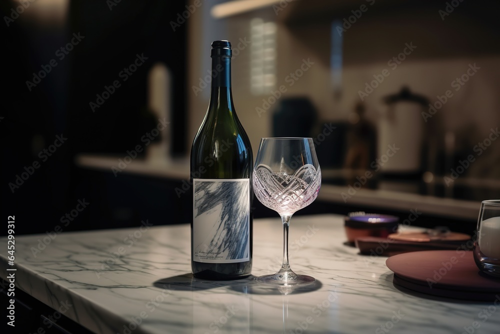 A glass fo wine sanding near wine bottle in modern kitchen