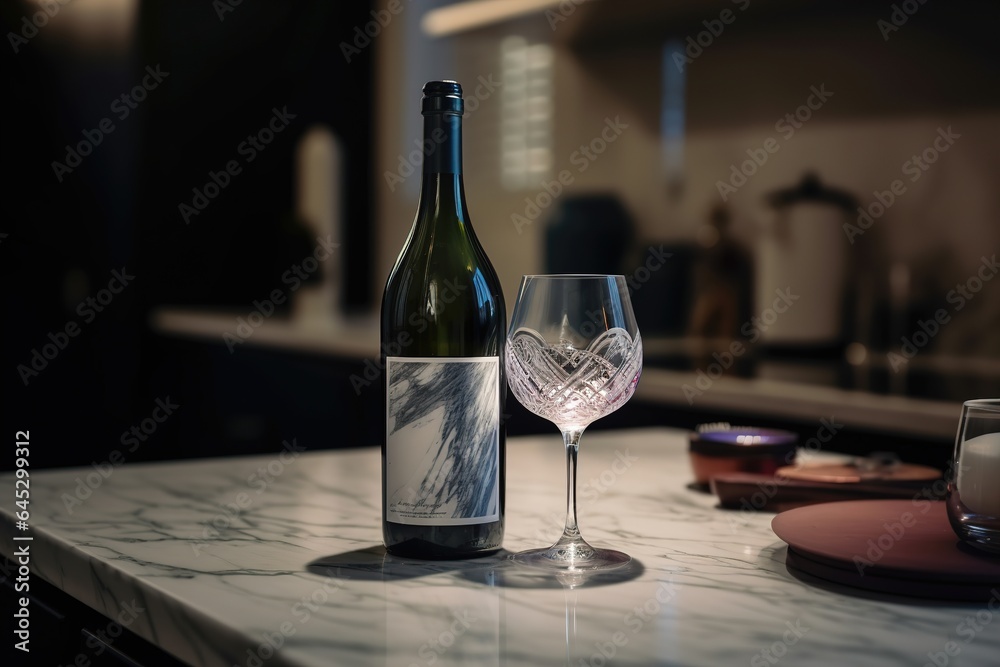 A glass fo wine sanding near wine bottle in modern kitchen A glass fo wine sanding near wine bottle in modern kitchen