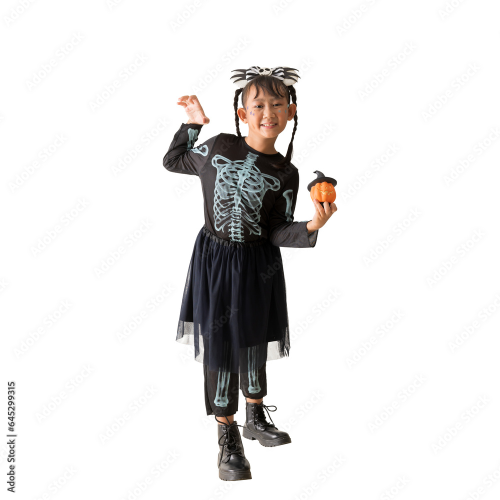 Happy asian little girl wear Halloween costume and standing dancing posing full body portrait, isolated on white and transparent background