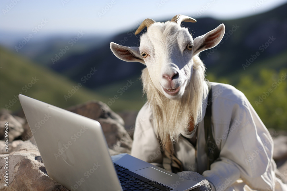 goat is using laptop HD natural background - obrazy, fototapety, plakaty 