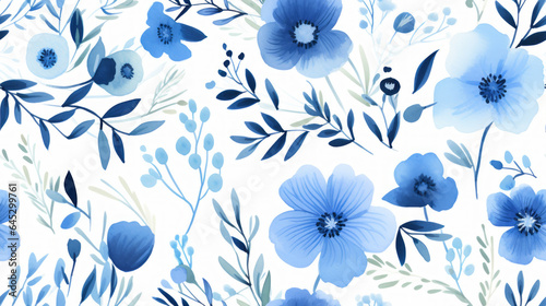 Fototapeta Naklejka Na Ścianę i Meble -  Blue flowers background pattern watercolor floral