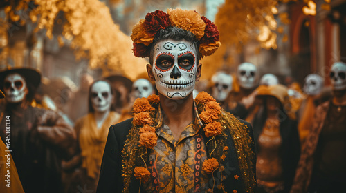 Lively Day of the Dead Street Procession Elaborate Skull Makeup, Vibrant Costumes, Sugar Skulls © Indika Rz