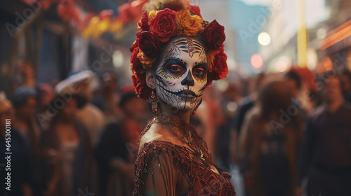 Lively Day of the Dead Street Procession Elaborate Skull Makeup, Vibrant Costumes, Sugar Skulls