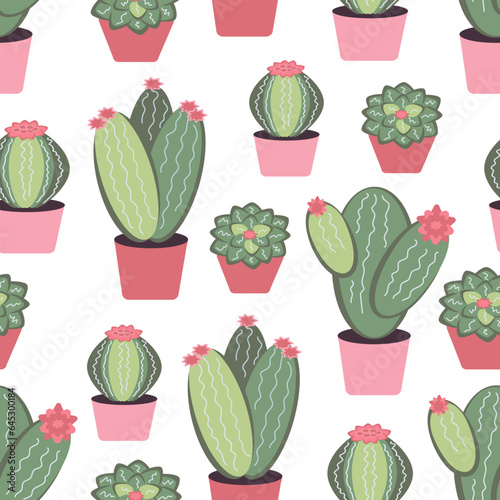 Seamless pattern indoor cartoon cactus succulents of different shapes on white background. Houseplants in pots. Vector illustration