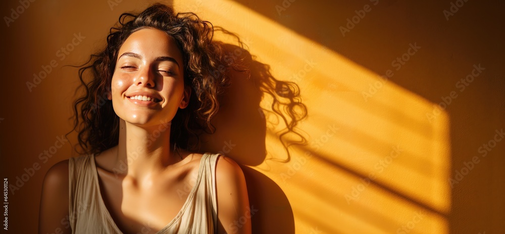 © Creative Clicks - Young woman with curly hair smiling against an orange wall background with sunlight coming in from the side. Concept of joy and serenity.