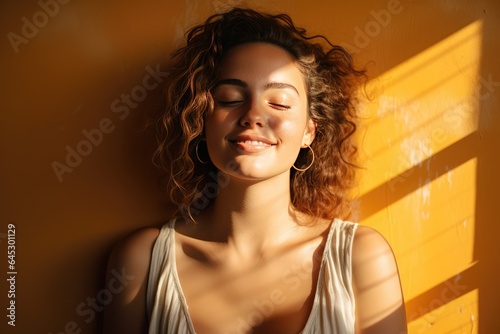 Young woman with curly hair smiling against an orange wall background with sunlight coming in from the side. Concept of joy and serenity.