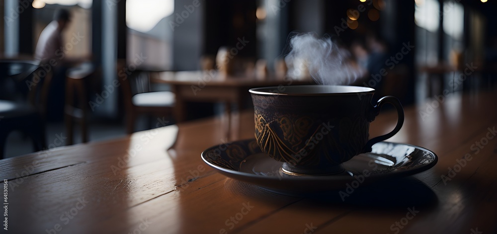 cup of coffee on the table. Coffee espresso on wood table home background. Coffee cup on old kitchen table. Generative AI illustration