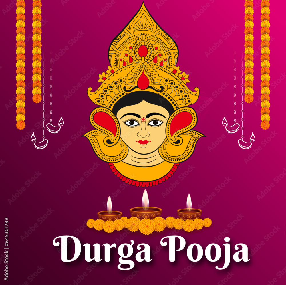 Vector illustration poster of Durga Puja on purple background with Durga mata face, diya and flower decoration. durga pooja, navratri puja, maa durga puja navratri, happy durga puja images

