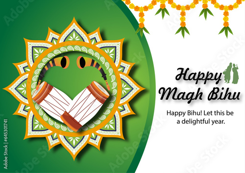 Vector illustration poster of Happy Magh Bihu. Drum, shehnai and toran showing with rangoli for celebrating bihu festival. Happy magh bihu
 photo