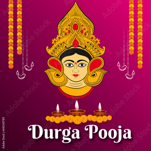 Vector illustration poster of Durga Puja on purple background with Durga mata face, diya and flower decoration. durga pooja, navratri puja, maa durga puja navratri, happy durga puja images
