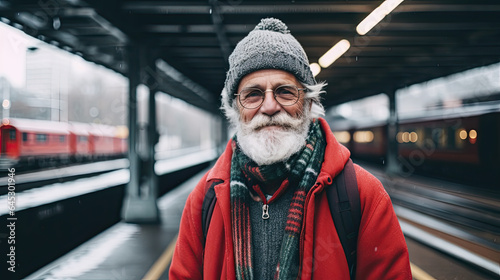 Senior gray-haired man at train station. Waiting for the train or meeting at the station