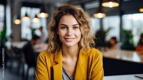 beautiful happy woman in yellow jacket