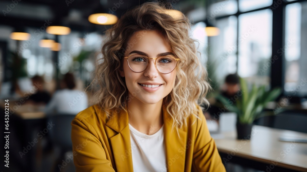 beautiful happy woman in yellow jacket