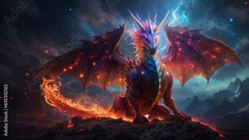  mythical creature like a fire-breathing dragon, a unicorn in a cosmic landscape, or a phoenix rising from the ashes