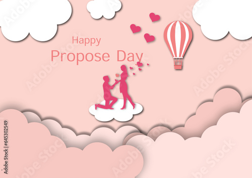 Vector illustration poster of Happy Propose Day, boy proposing girl by bending on his knee on pink background with hearts and parachute. Valentines Day concept. promise day, promise day image, happy p