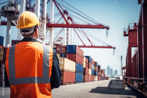Logistics engineer control at the port, loading containers for trucks export and importing logistic.