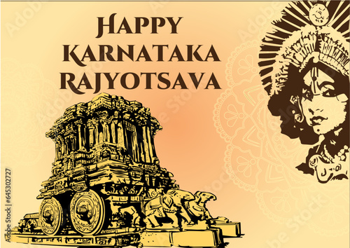 Vector illustration poster of 'Happy Karnataka Rajyotsava' with Hampi on pink background. kannada rajyotsava, kannada rajyotsava image, rajyotsava, kannada rajyotsava in kannada
 photo