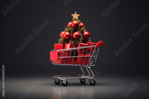 Shopping cart with presents with decorated christmas tree