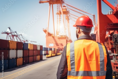 Logistics engineer control at the port, loading containers for trucks export and importing logistic.
