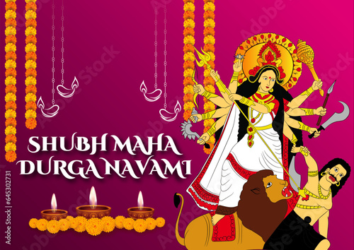 Vector illustration of Shubh Maha Navami Durga Indian Goddess Durga killing Mahishasura. maha navami, durga navami, subho maha navami
