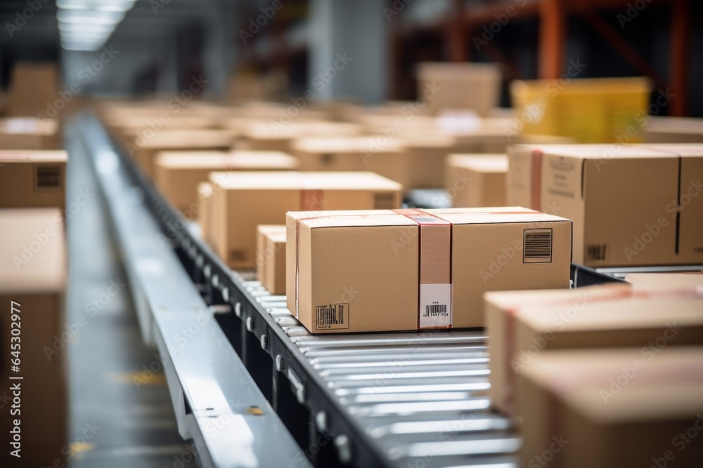 Close-up of multiple cardboard box packages on conveyor belt Close-up of multiple cardboard box packages on conveyor belt