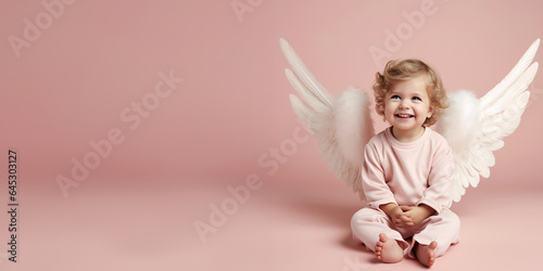 Cute innocent little blond boy wearing angel costume with wings. Isolated on pastel pink background