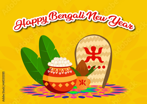 Vector illustration poster of Happy Bengali New Year on yellow colour background and rasgulla filled in mud pot with coconut kept on kalash. happy bengali new year  bengali new year images  happy new 