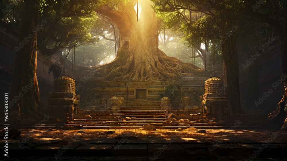 Serene Forest Temple Divine Light Through Ancient Trees - Digital Painting with Intricate Details