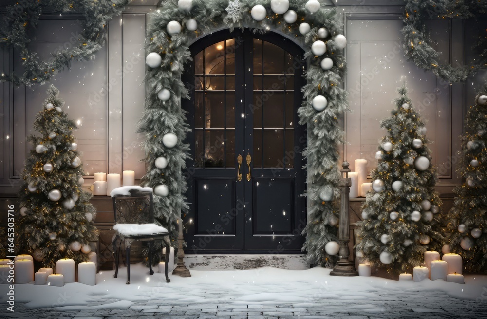 Christmas door outside pine decor. Generate Ai Christmas door outside pine decor. Generate Ai