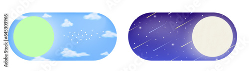 Day and Night Toggle Switch Concept. Sun and Moon buttons. AM and PM Slide interface theme with bright blue sky with clouds and starry night with comet. Vector Illustration. 