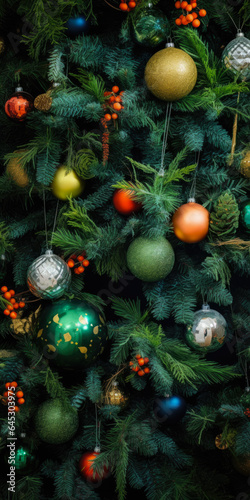 Texture Of A Christmas Tree With Festive Balls, Tinsel And Garlands Created Using Artificial Intelligence