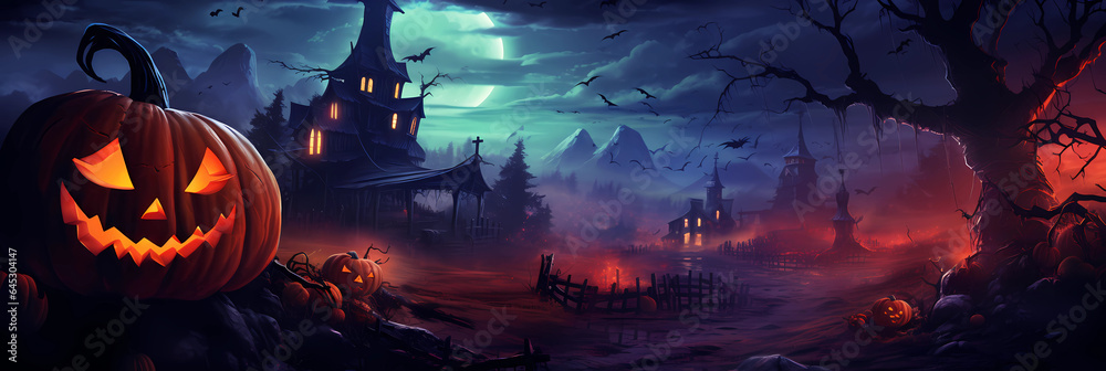 spooky halloween scene with pumpkin lanterns in a cratoon look, haunted horror landscape spooky halloween scene with pumpkin lanterns in a cratoon look, haunted horror landscape