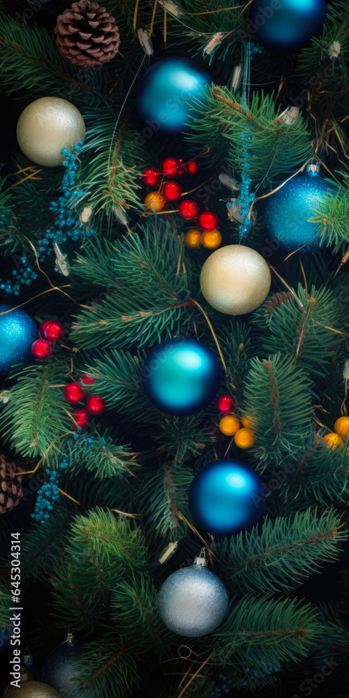 Texture Of A Christmas Tree With Festive Balls, Tinsel And Garlands Created Using Artificial Intelligence