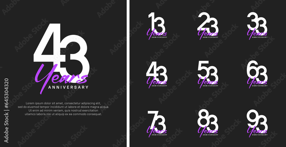set of anniversary logo flat white color number and purple text on black background for celebration set of anniversary logo flat white color number and purple text on black background for celebration