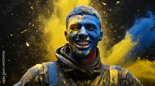 Happy Ukrainian soldier celebrating. Defenders day concept