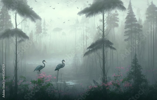 Wallpaper jungle with birds Grus grus in forest flower with fog, Generative AI photo