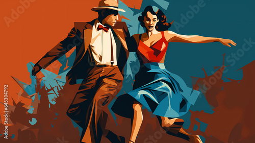artistic colorful illustration of a lindy hop dancing couple in a retro outfit photo