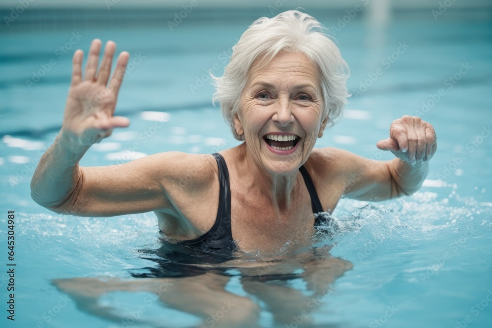 Active senior women enjoying aquagym class in a pool, displaying joy and camaraderie, embodying a healthy, retired lifestyle