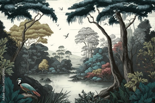 jungle with birds in forest trees on the lake with colors background  Generative AI