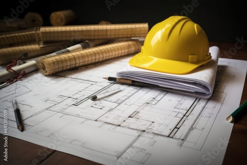 A blueprint with a yellow hard hat placed on top, symbolizing construction and safety measures