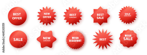 Round Paper stickers red color serve as promotional sale badges. Realistic collection of red price tags, perfect for special offers and shopping discounts. PNG