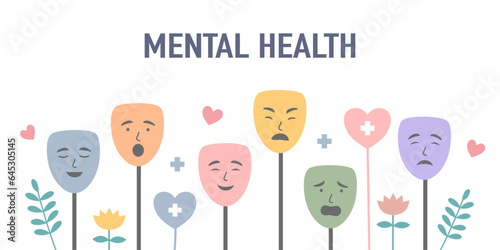 Mental health awareness concept vector illustration. Emotion masks and flowers in flat design on white background.