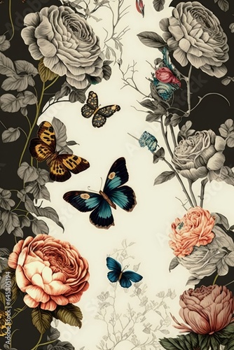 Wallpaper Mural Wallpaper pattern Vintage flowers rose leaves and butterflies, Generative AI Torontodigital.ca